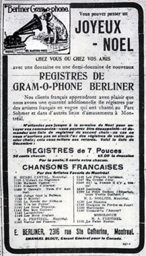 Publicité pour E. Berliner, Montréal, parue en 1903. © La Patrie, Montréal.