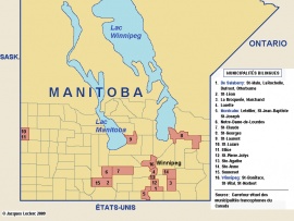 A map showing Manitoba’s bilingual municipalities.